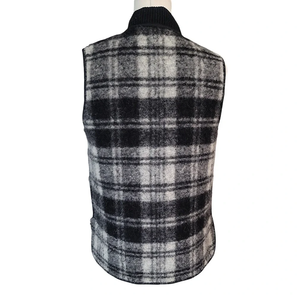 Madewell Plaid Wool Blend Bomber Vest Gray‎ Black Zip Front Quilted Lined Size S